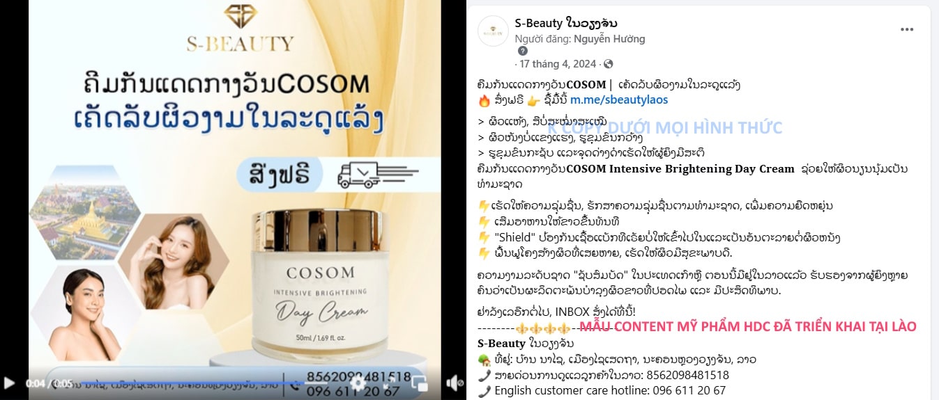Mẫu content quảng cáo mỹ phẩm ở Lào