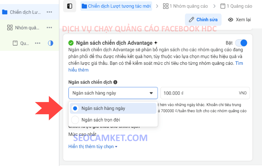 Xác định ngân sách chạy quảng cáo hằng ngày hoặc trọn đời