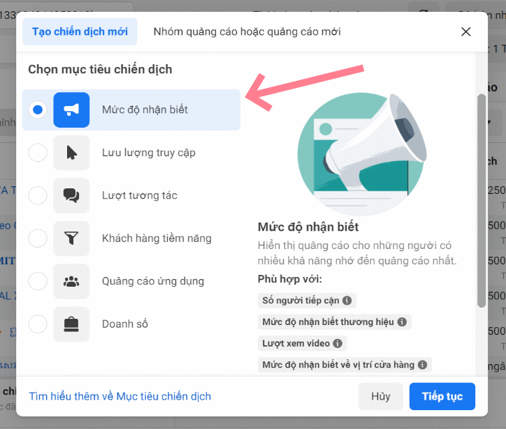 Tăng tiếp cận page bằng mục tiêu mức độ nhận biết