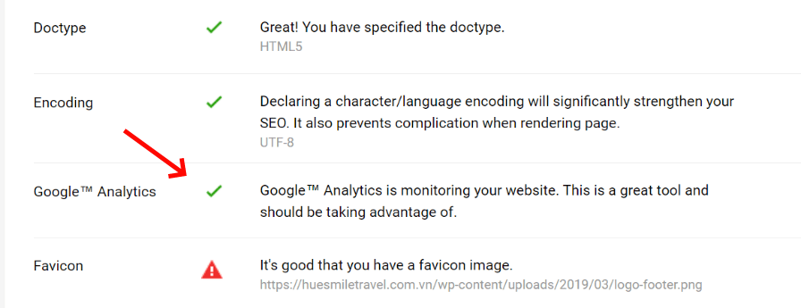 Tích xanh thể hiện website đã cài Google Analytics