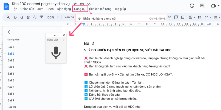 Tính năng viết bài bằng giọng nói của Google Docs