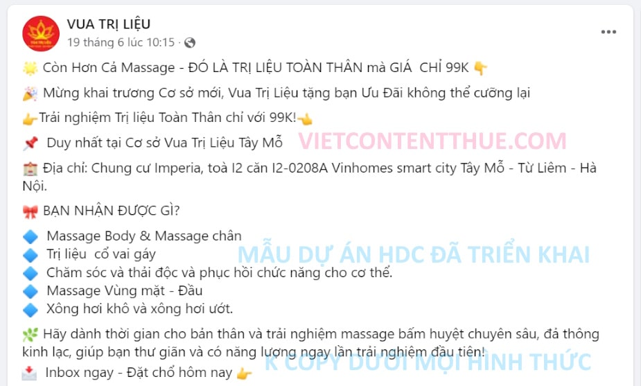 Mẫu content hay về massage