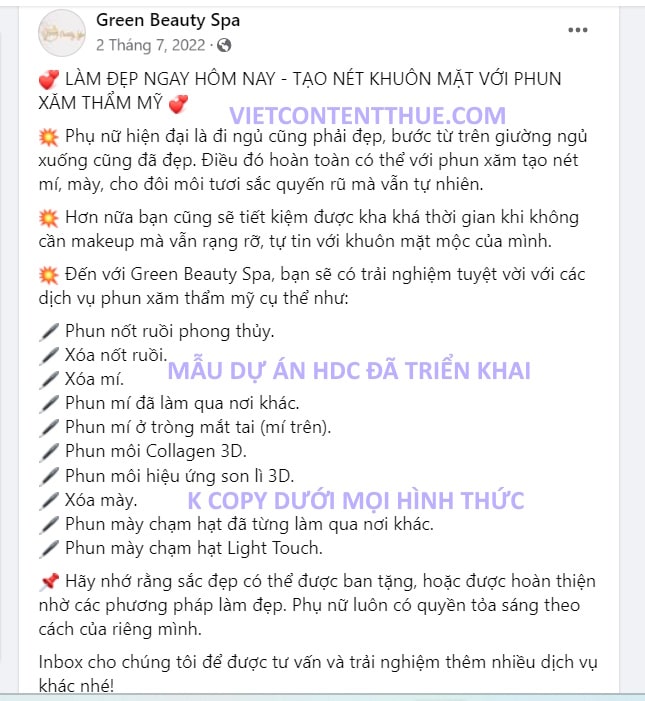 mẫu content cho spa về phun xăm thẩm mỹ