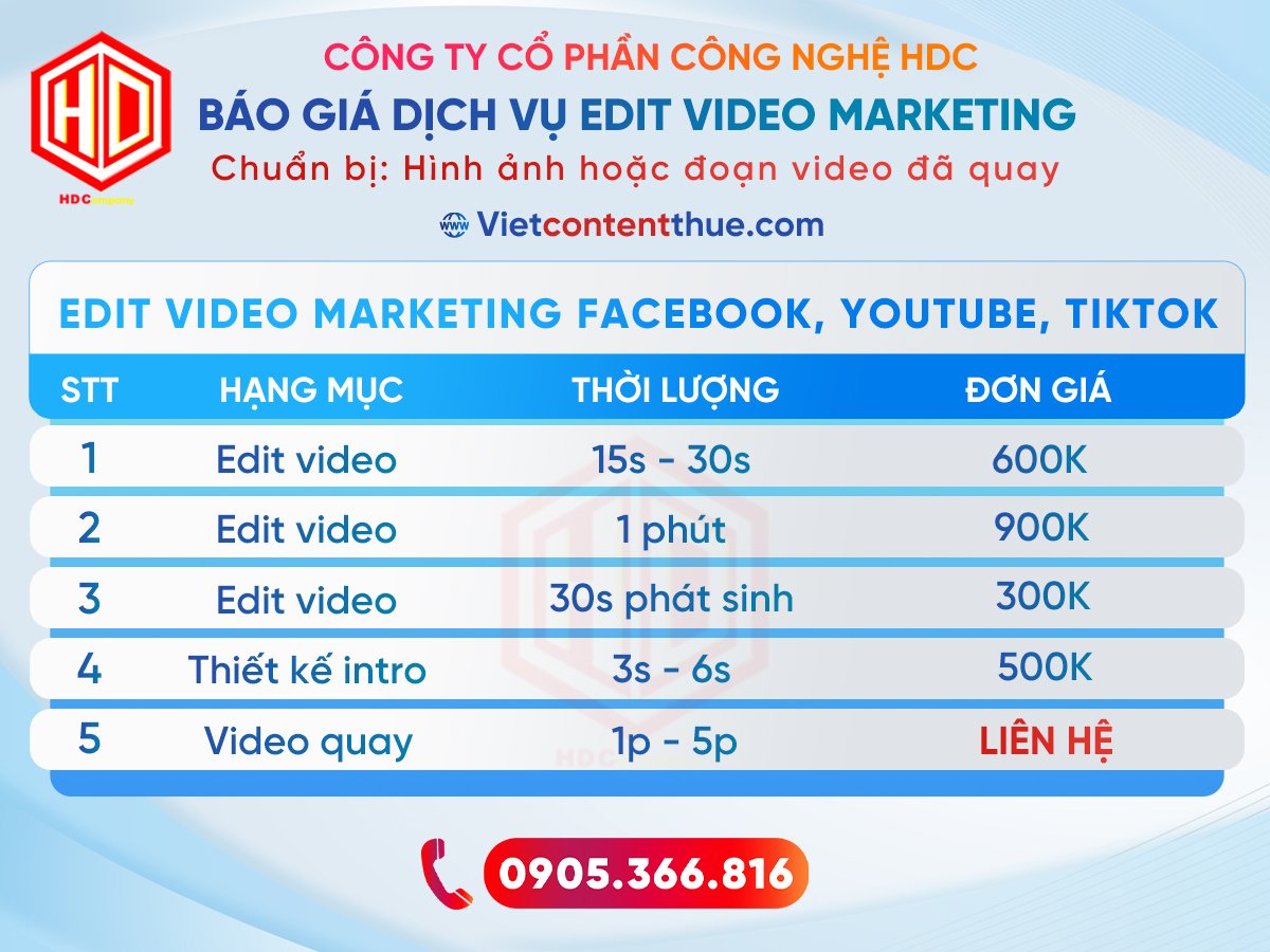 Bảng giá dịch vụ edit video Công ty CP Công Nghệ HDC