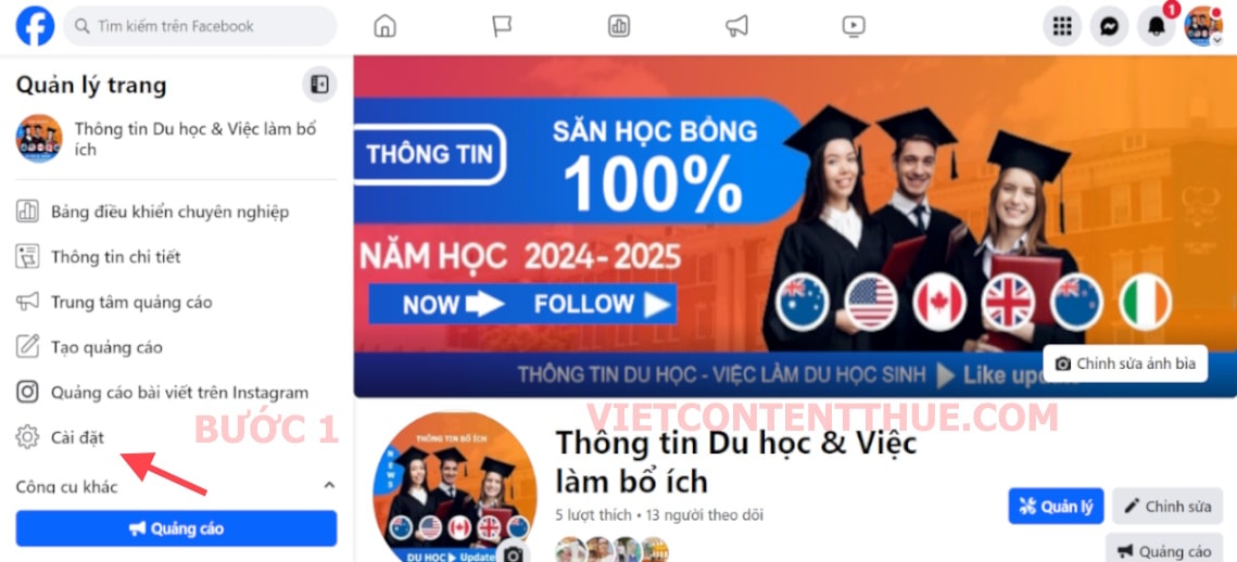 Vào cài đặt để xóa fanpage