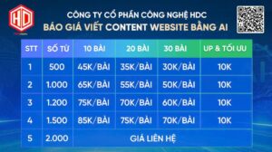 báo giá dịch vụ viết content website bằng AI