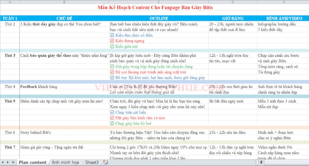 mẫu kế hoạch content cho fanpage