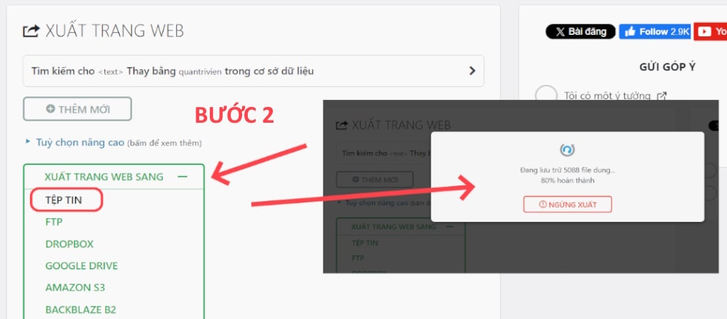 xuất dữ liệu khôi phục website