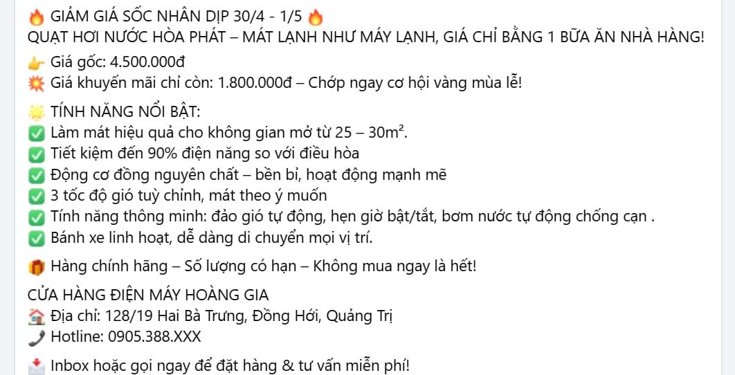 Mẫu bài viết quảng cáo điện lạnh đăng fanpage tại HDC