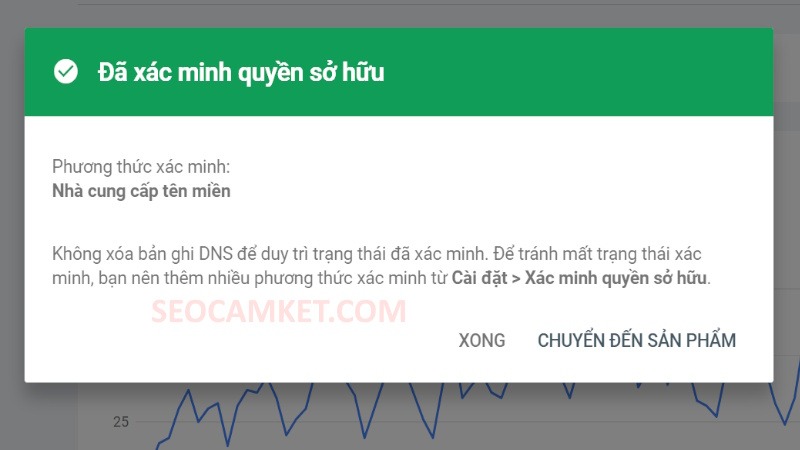 xác minh tên miền với Google thành công