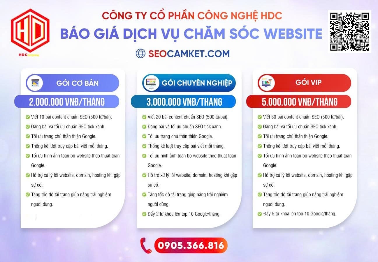 Bảng giá dịch vụ chăm sóc website chuẩn seo HDC